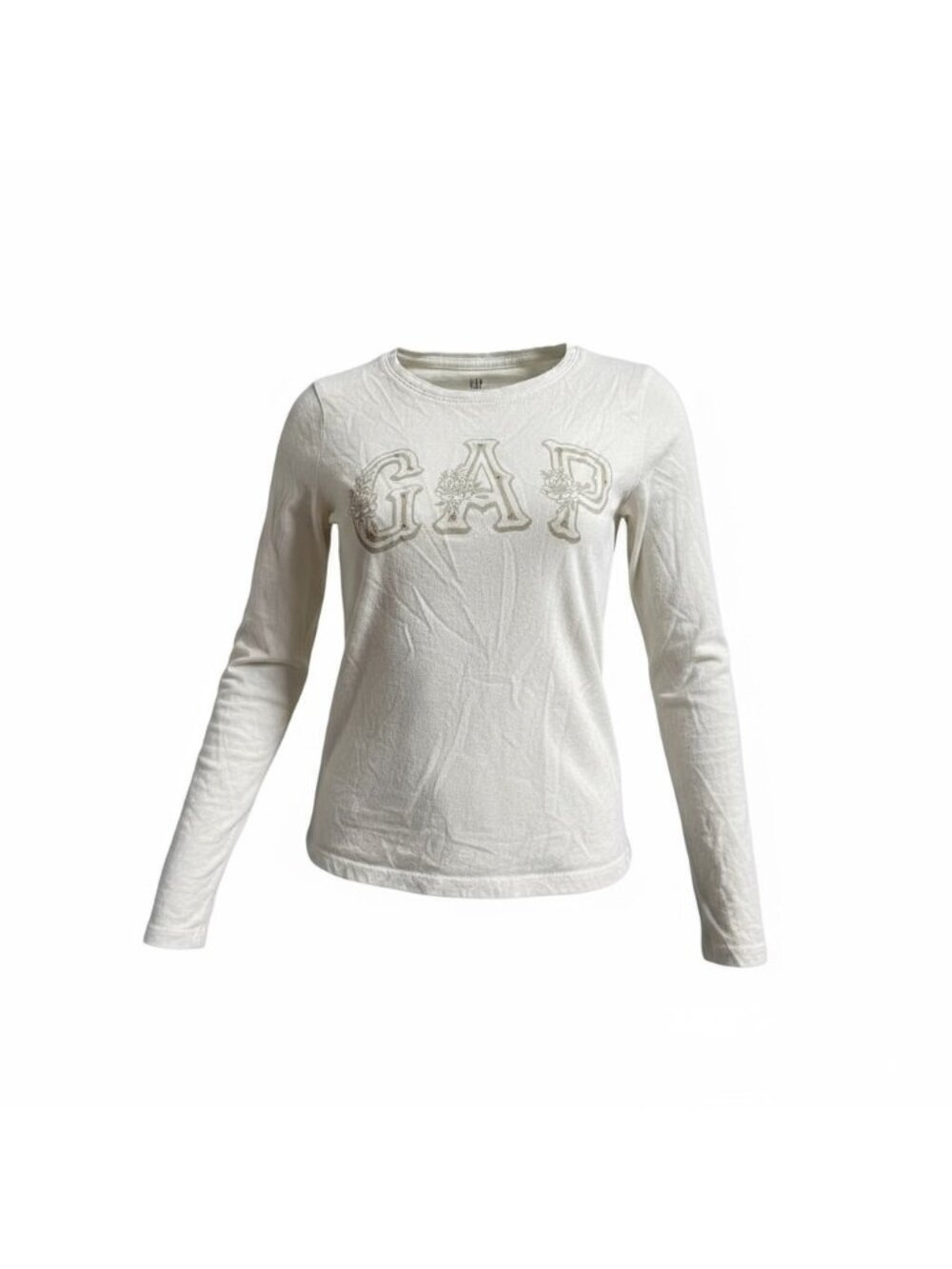GAP Girls Top – Size 8, White Long Sleeve with Embellished Logo